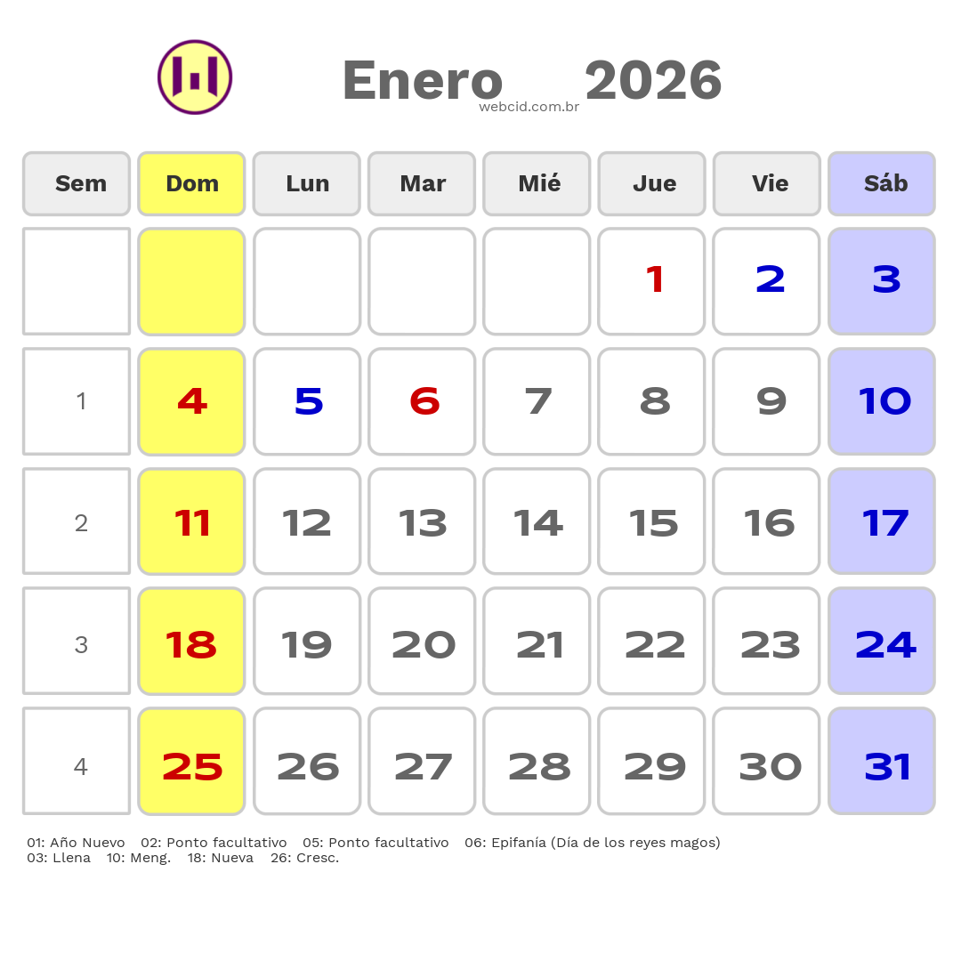 Calendario 2026 - Enero - Colômbia com feriados e fases da lua