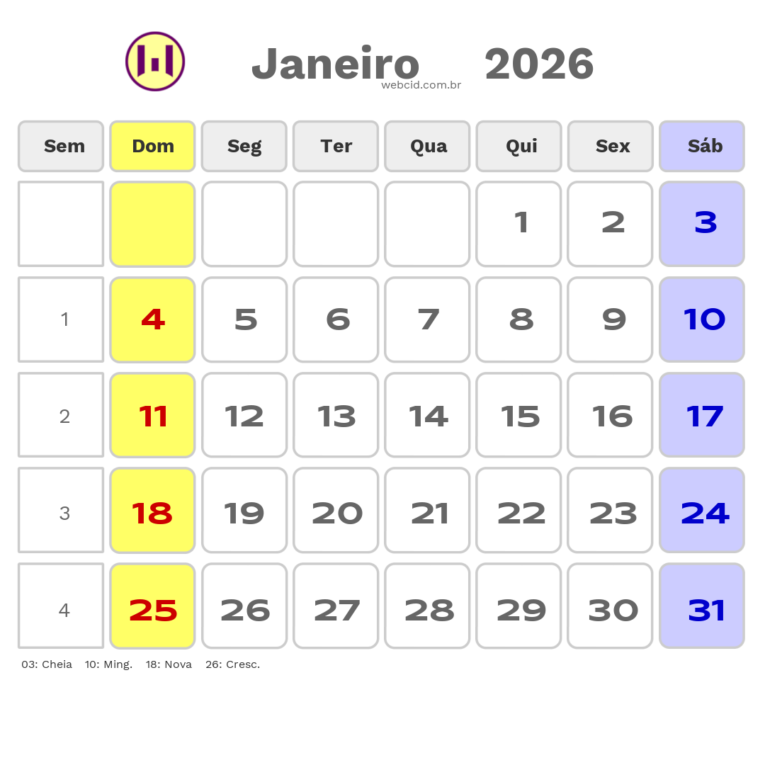 Calendário 2026 - Janeiro - Copa do Mundo FIFA com feriados e fases da lua