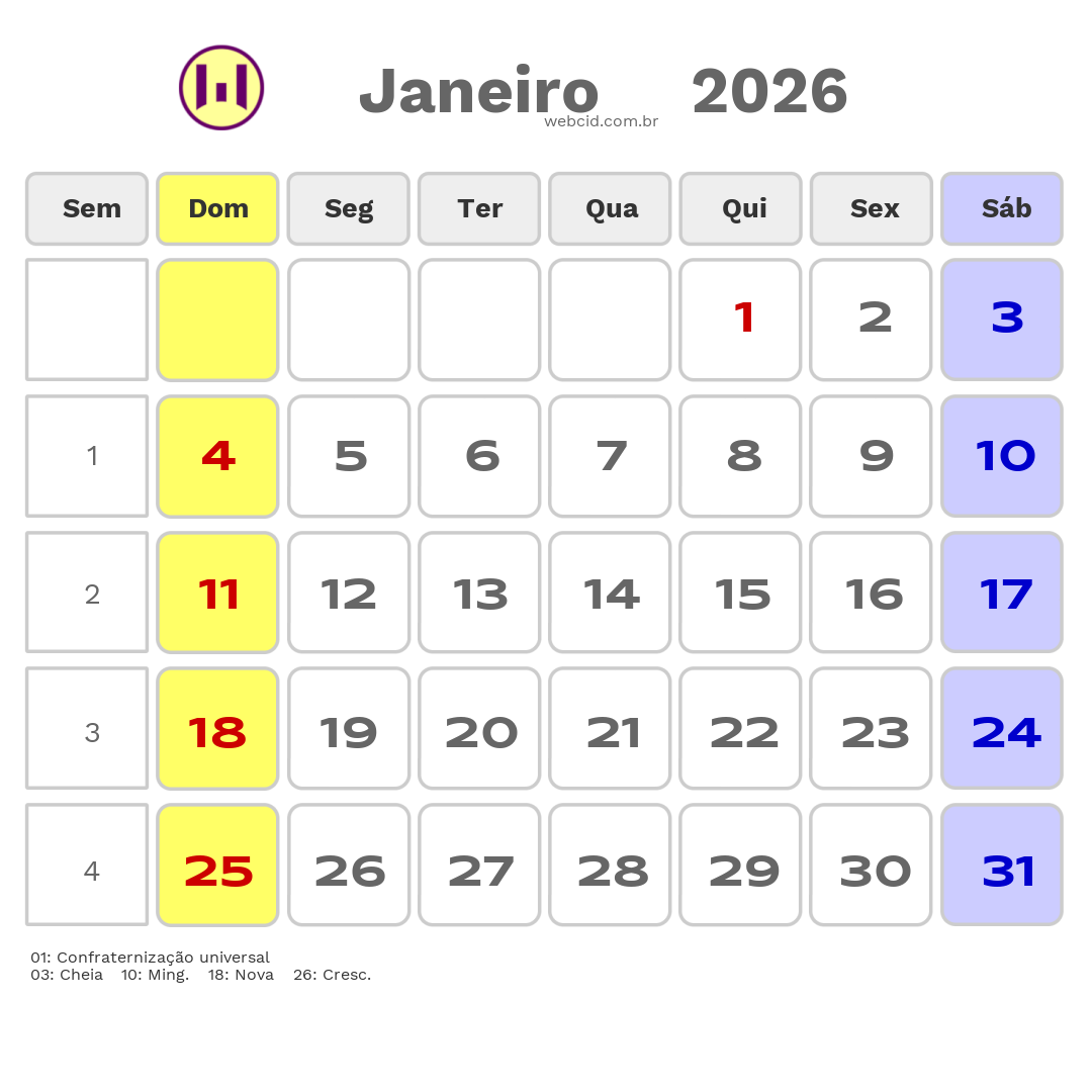 Calendário 2026 - Janeiro - Distrito Federal com feriados e fases da lua