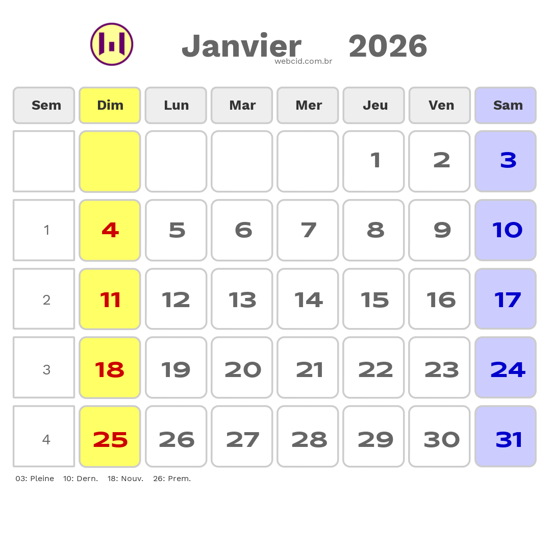 Calendrier 2026 - Janvier - La France com feriados e fases da lua
