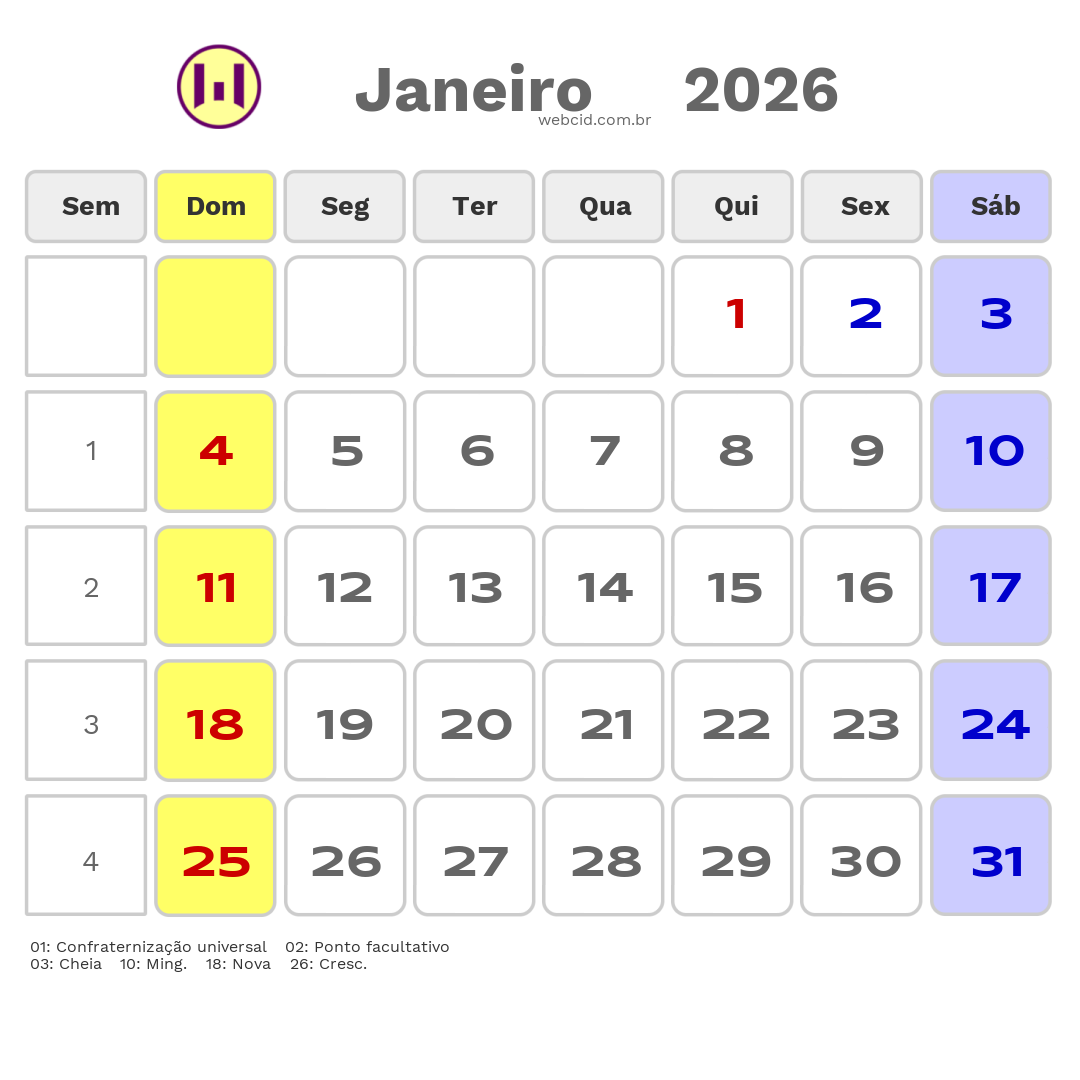 Calendário 2026 - Janeiro - Sorriso-MT com feriados e fases da lua