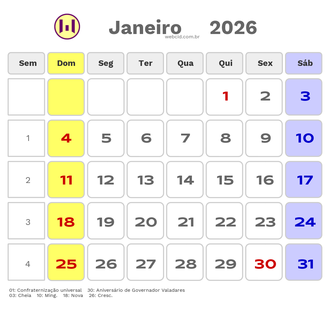 Calendário 2026 - Janeiro - Governador Valadares-MG com feriados e fases da lua
