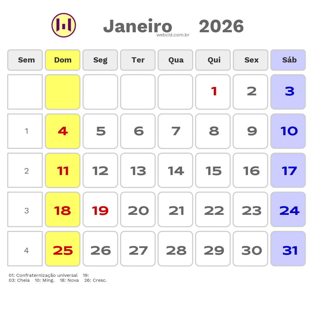Calendário 2026 - Janeiro - Tiradentes-MG com feriados e fases da lua