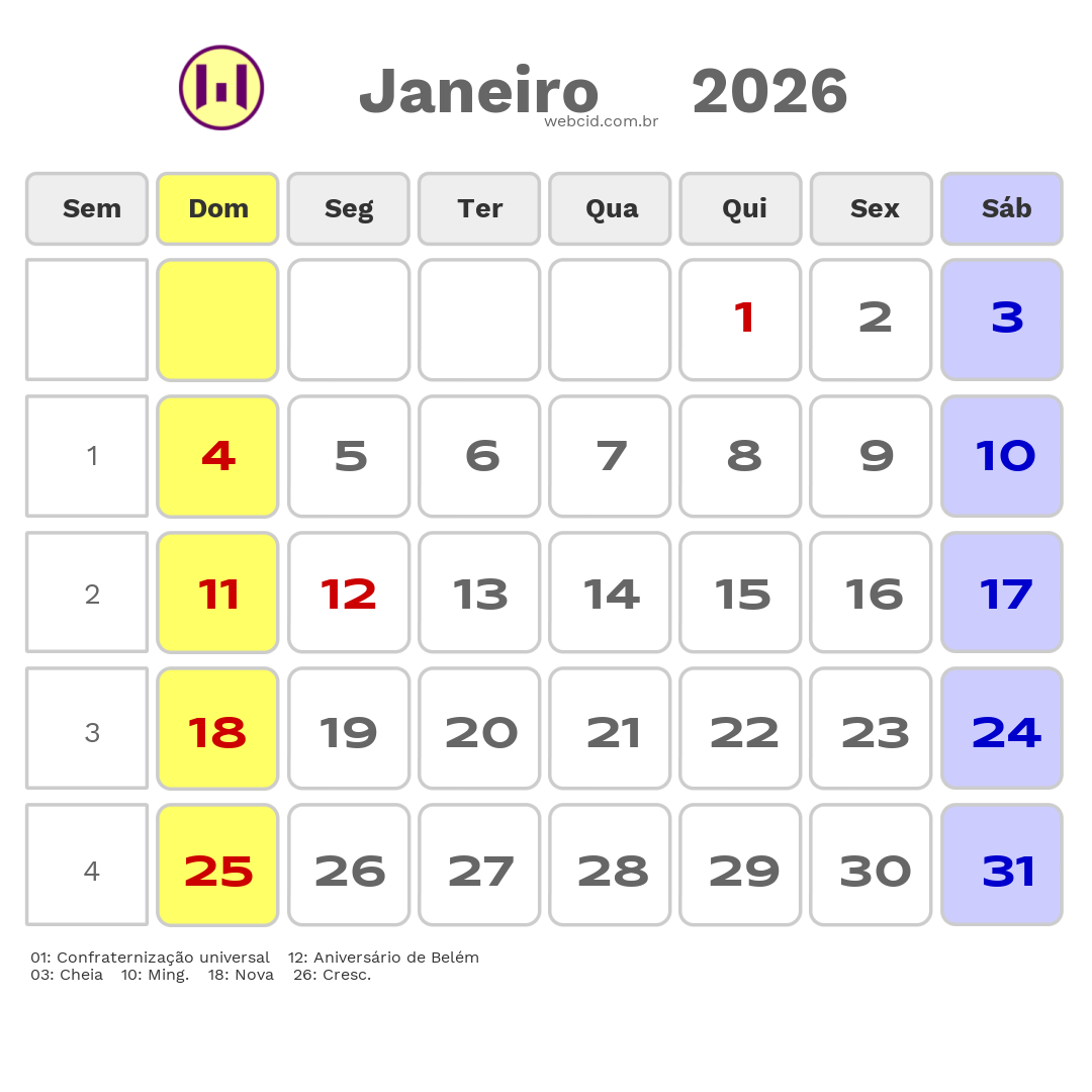 Calendário 2026 - Janeiro - Belém-PA com feriados e fases da lua