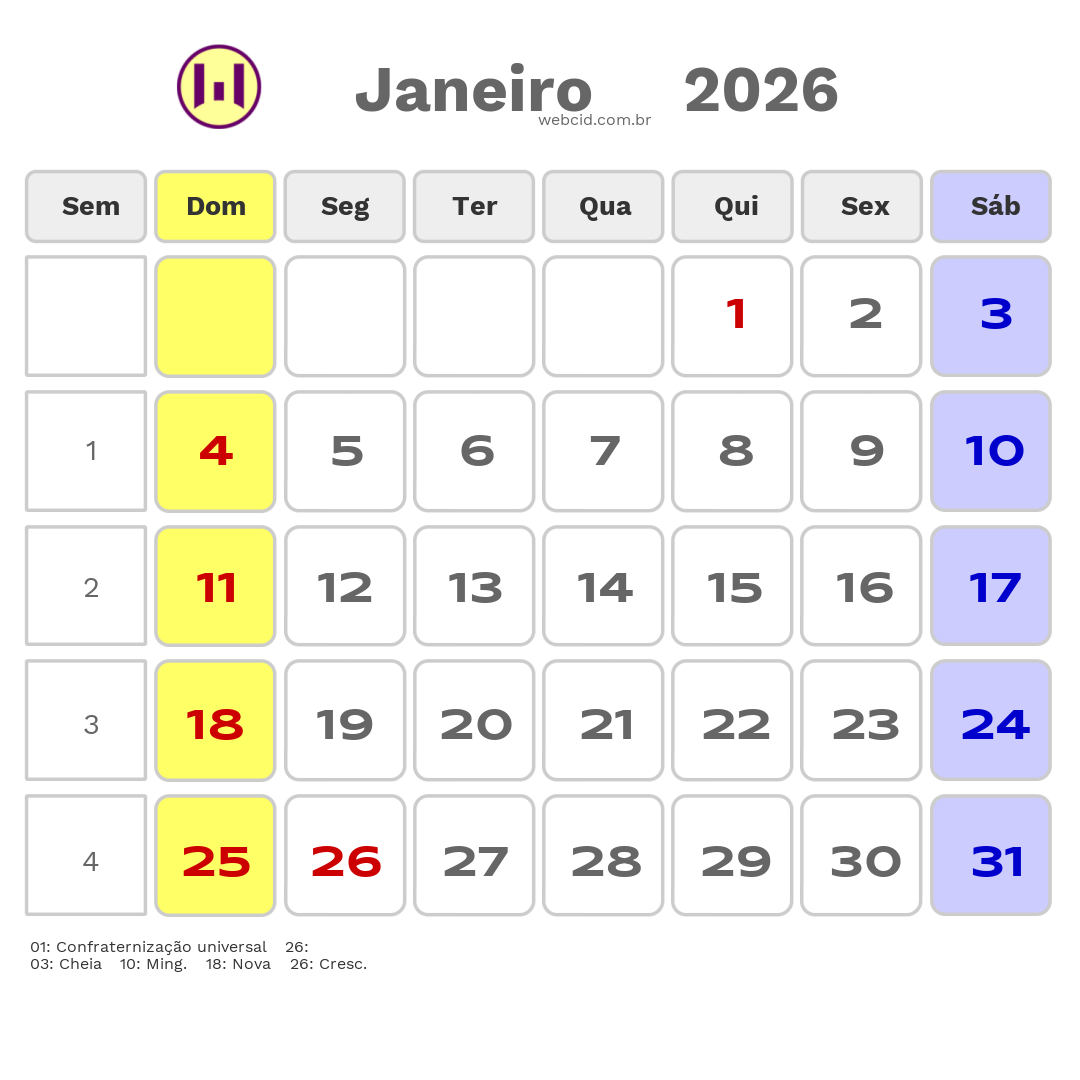 Calendário 2026 - Janeiro - Fazenda Rio Grande-PR com feriados e fases da lua
