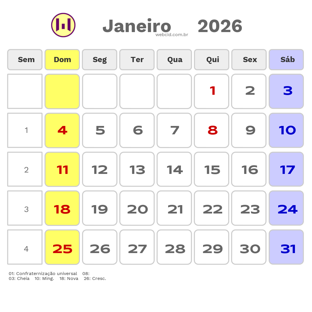 Calendário 2026 - Janeiro - Manoel Ribas-PR com feriados e fases da lua