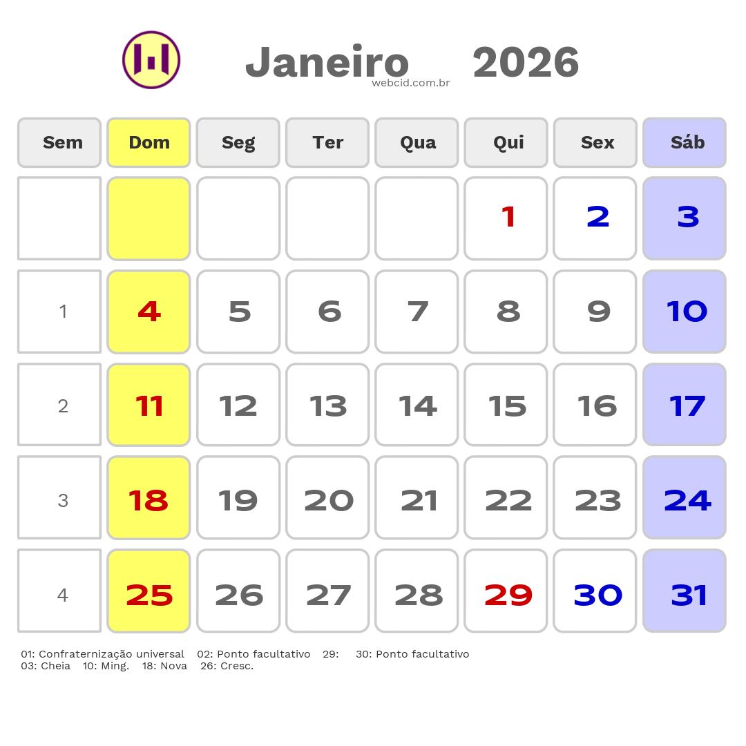 Calendário 2026 - Janeiro - Piraquara-PR com feriados e fases da lua