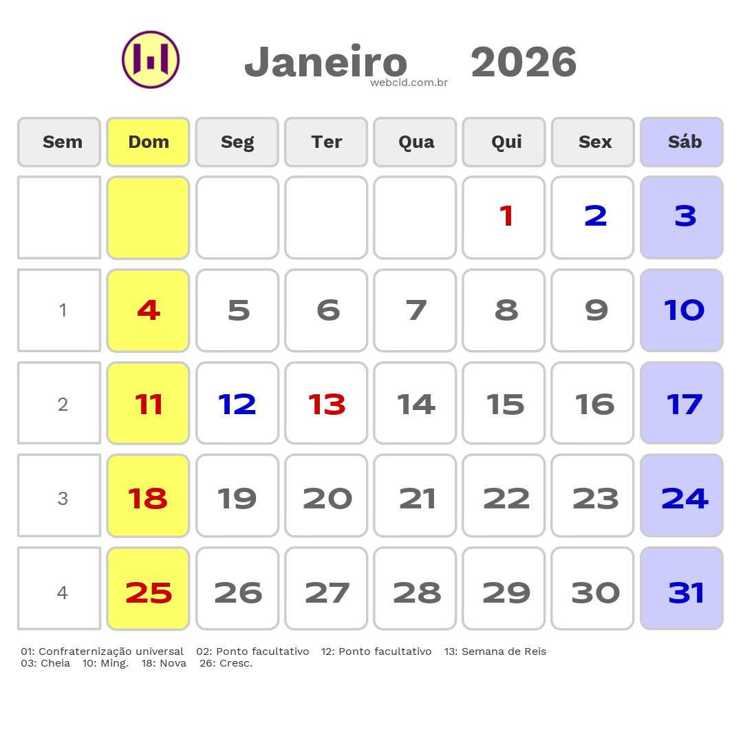 Calendário 2026 - Janeiro - Gravatá-PE com feriados e fases da lua