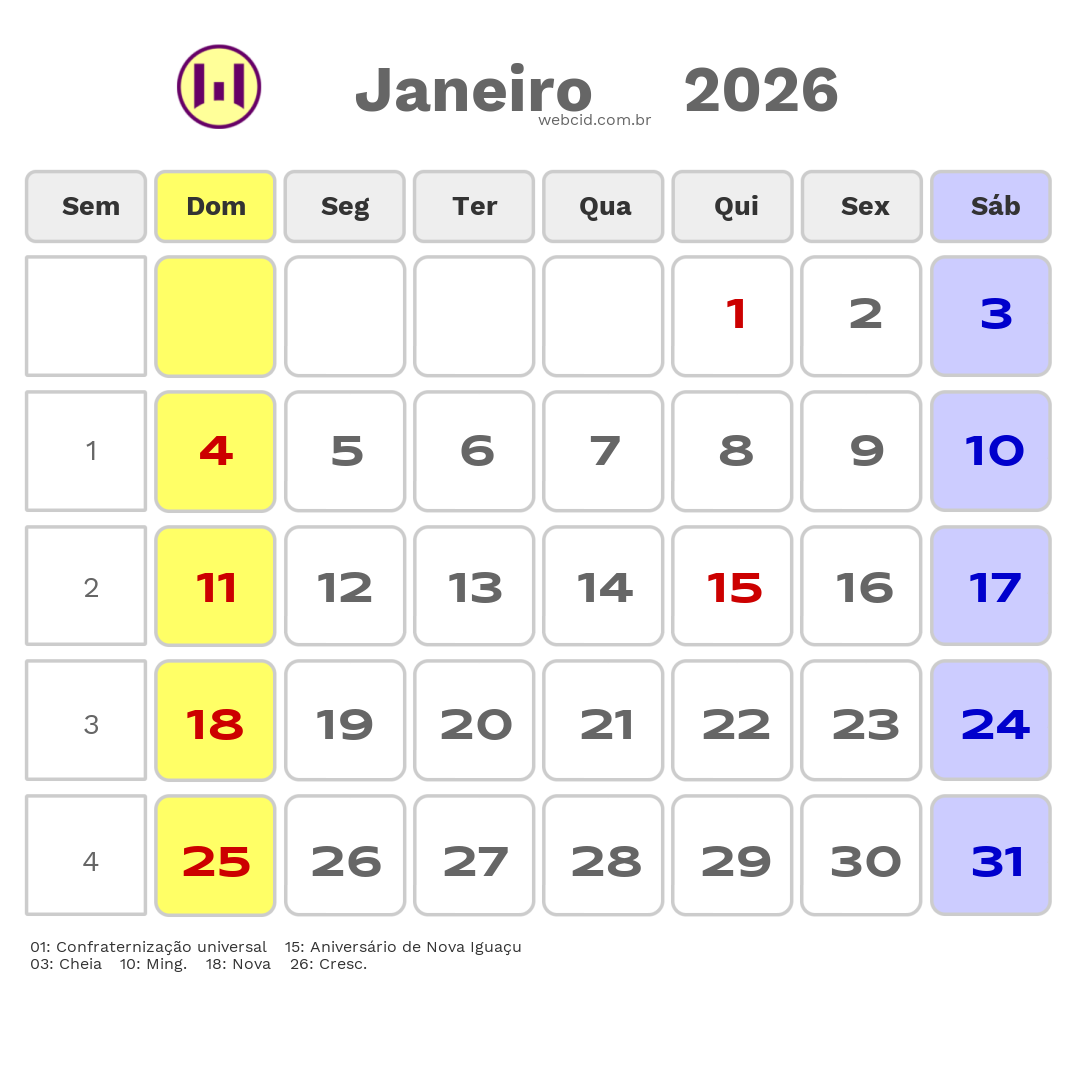 Calendário 2026 - Janeiro - Nova Iguaçu-RJ com feriados e fases da lua