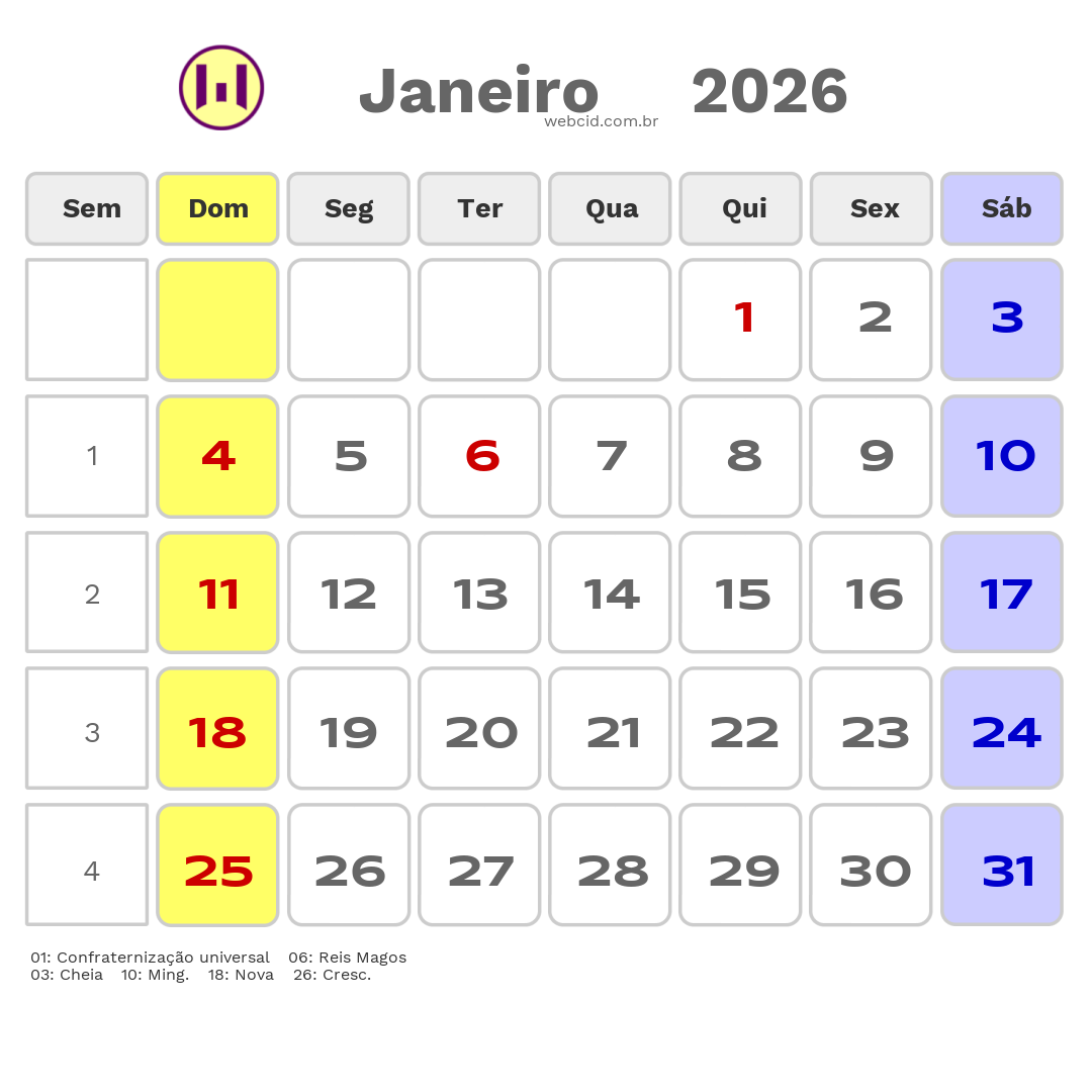 Calendário 2026 - Janeiro - Natal-RN com feriados e fases da lua