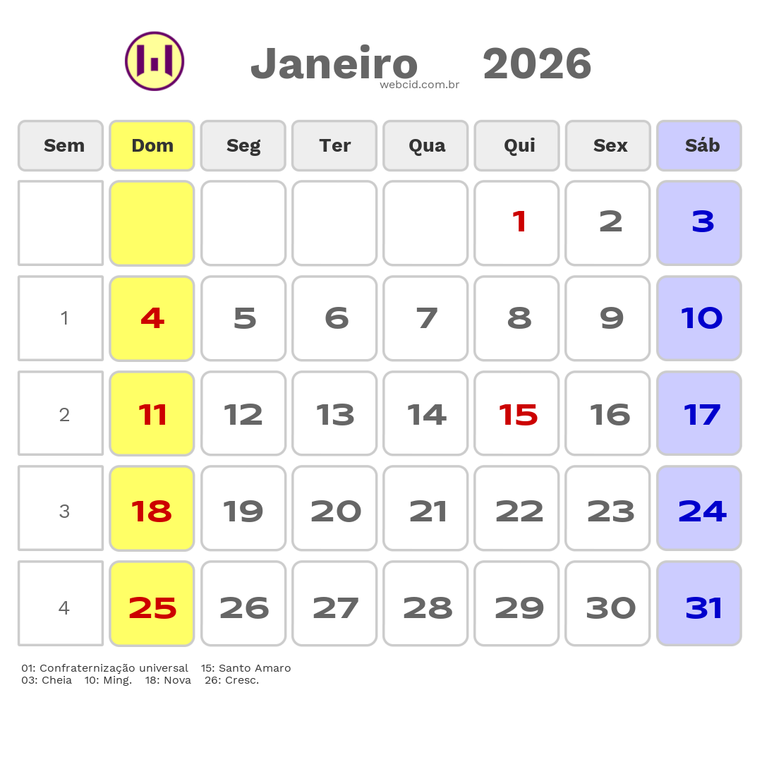 Calendário 2026 - Janeiro - Guarujá-SP com feriados e fases da lua