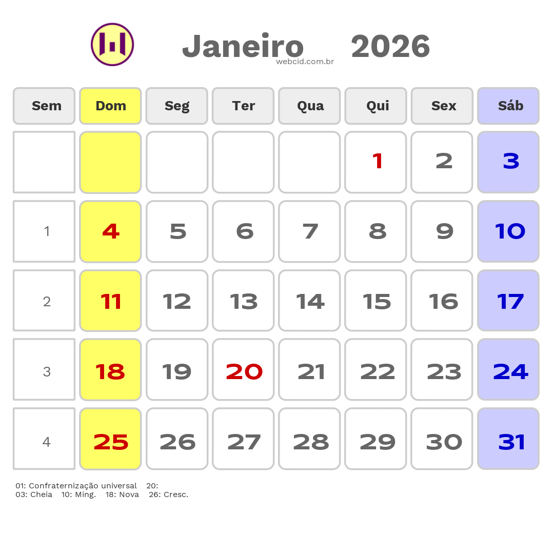 Calendário 2026 - Janeiro - Porto Ferreira-SP com feriados e fases da lua