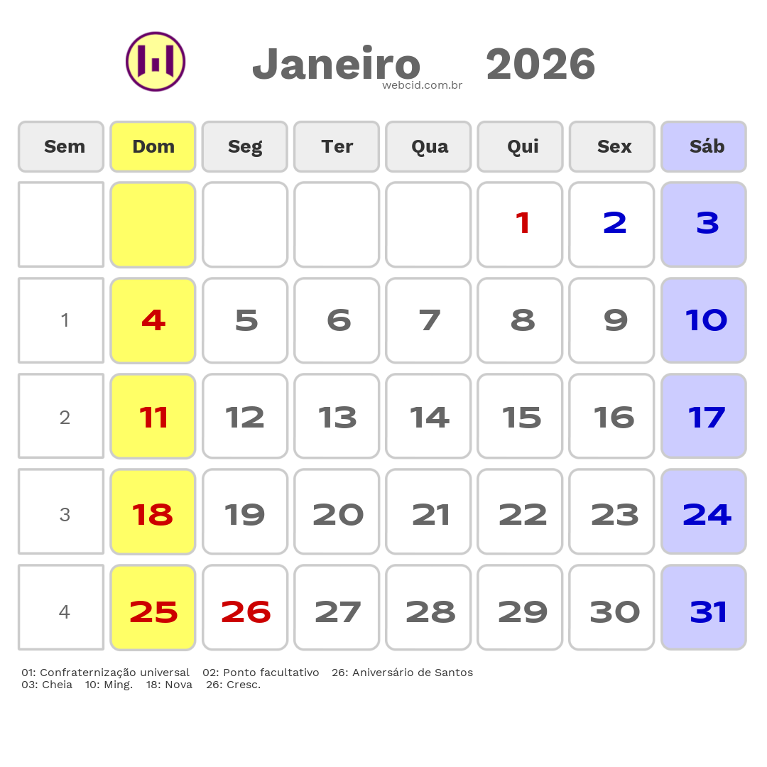 Calendário 2026 - Janeiro - Santos-SP com feriados e fases da lua