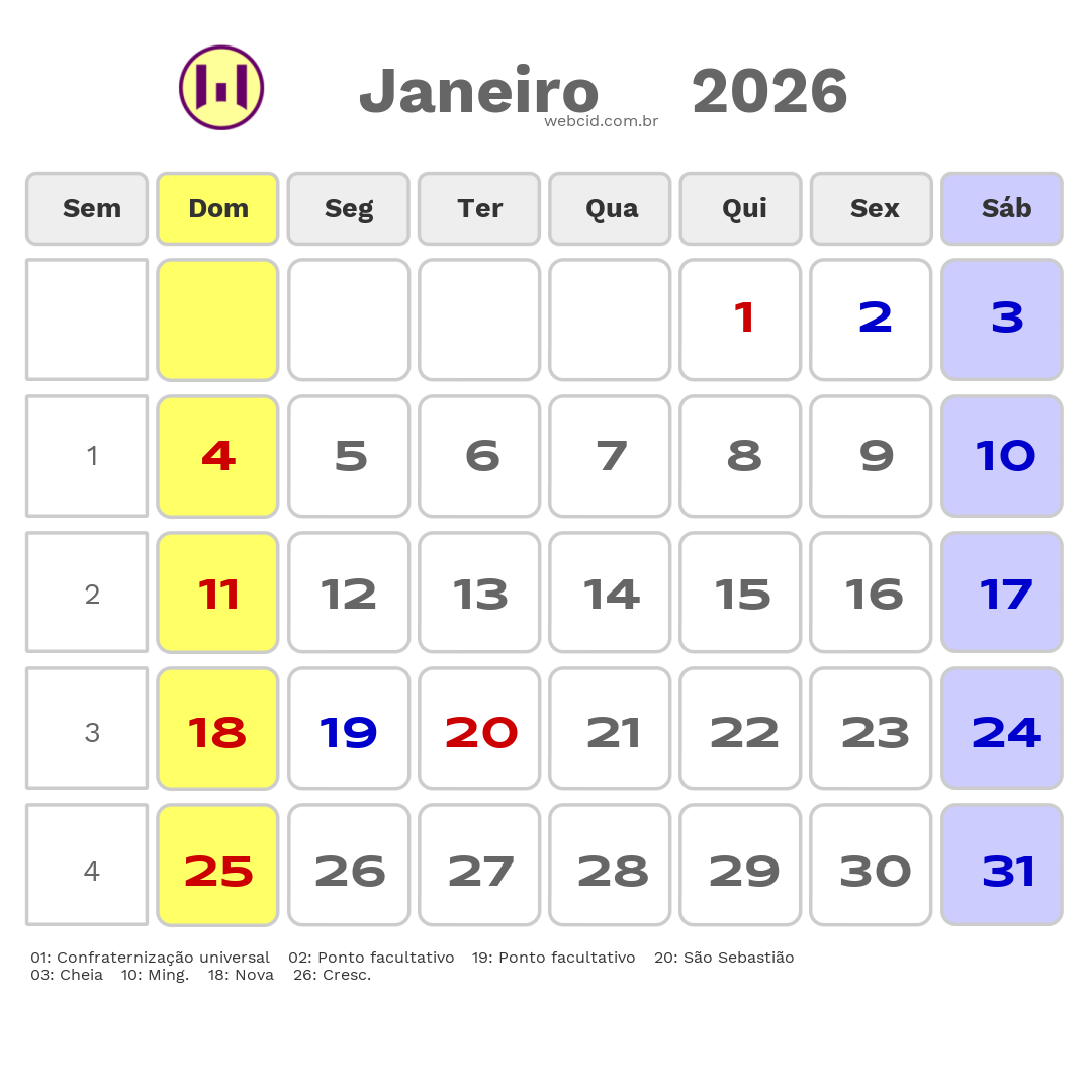 Calendário 2026 - Janeiro - Valinhos-SP com feriados e fases da lua