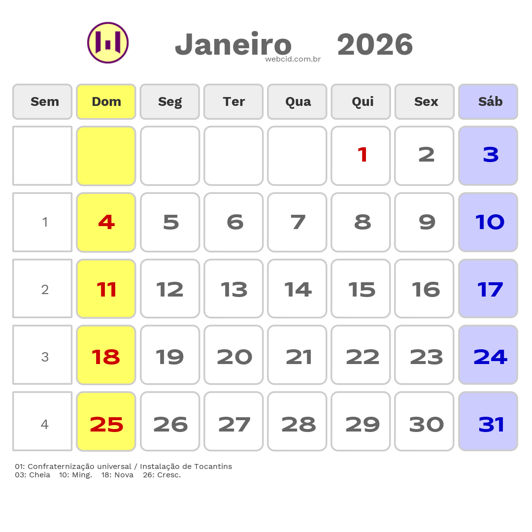 Calendário 2026 - Janeiro - Miracema do Tocantins-TO com feriados e fases da lua
