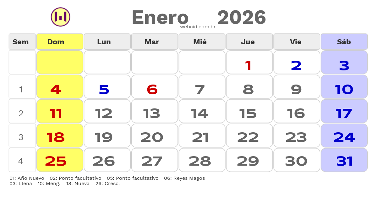 Calendario 2026 - Enero - Argentina com feriados e fases da lua