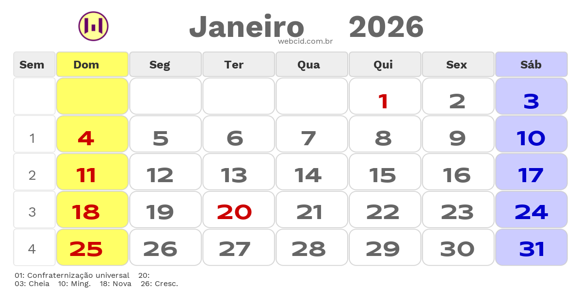 Calendário 2026 - Janeiro - Canavieiras-BA com feriados e fases da lua