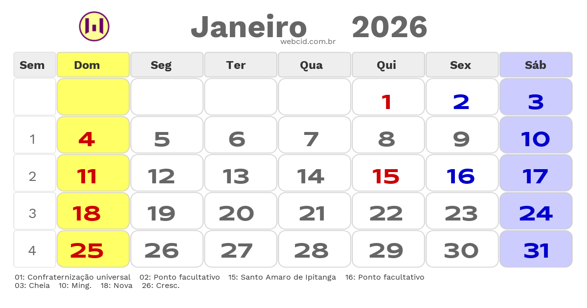 Calendário 2026 - Janeiro - Lauro de Freitas-BA com feriados e fases da lua