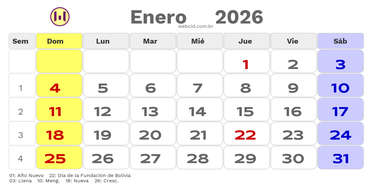 Calendario 2026 - Enero - Bolívia com feriados e fases da lua