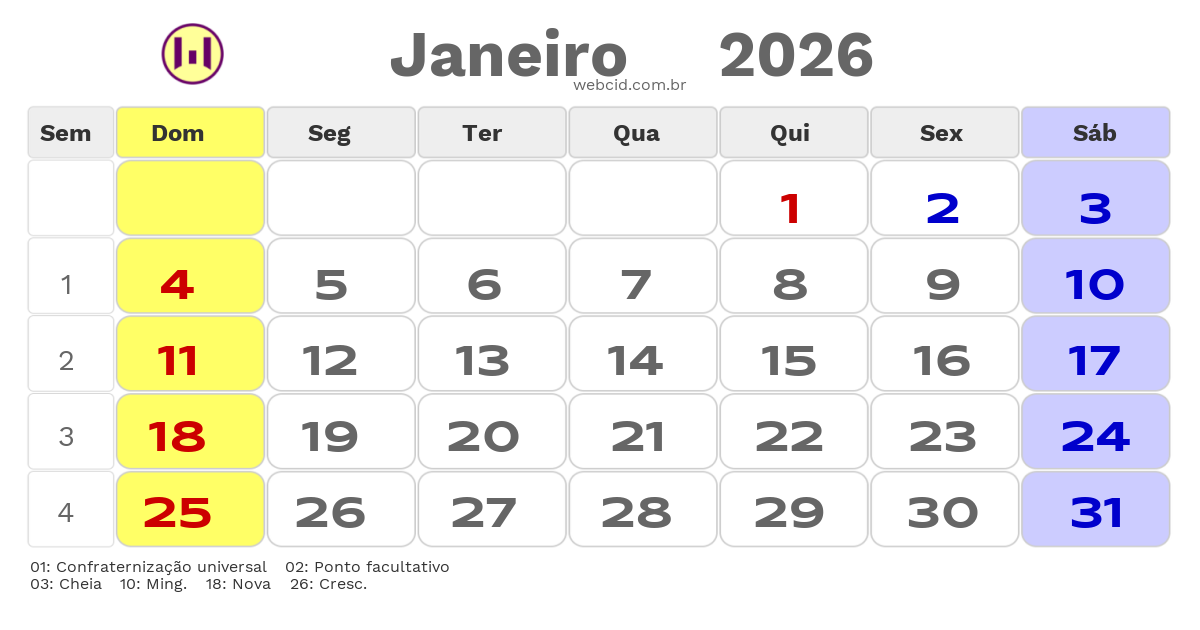 Calendário 2026 - Janeiro - Juazeiro do Norte-CE com feriados e fases da lua