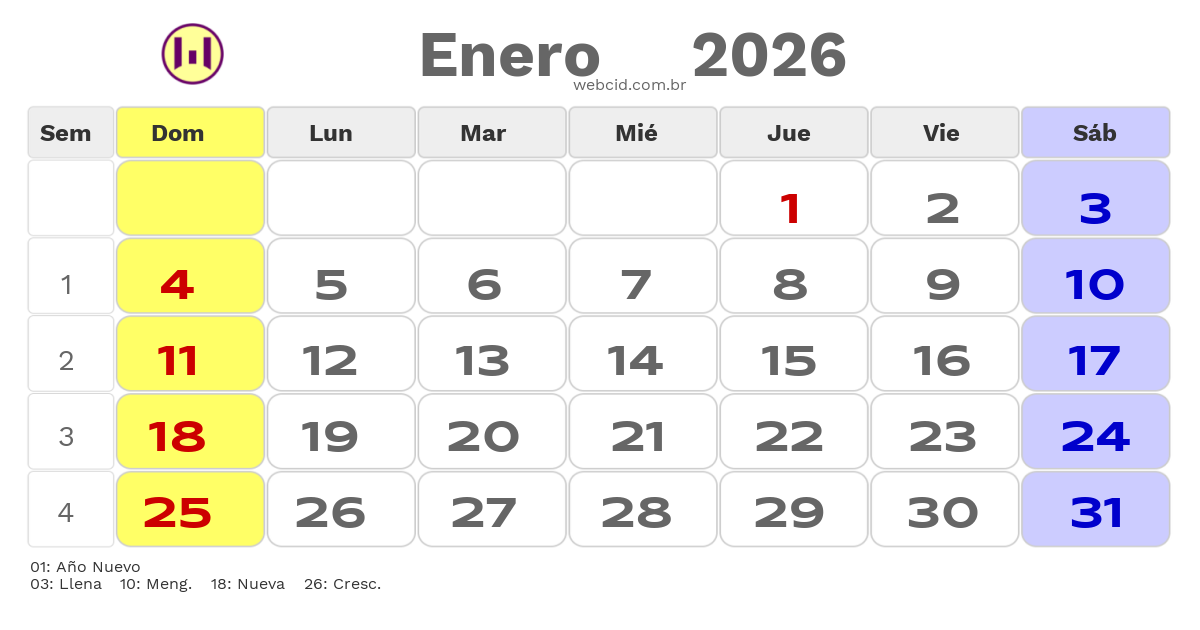Calendario 2026 - Enero - Chile com feriados e fases da lua