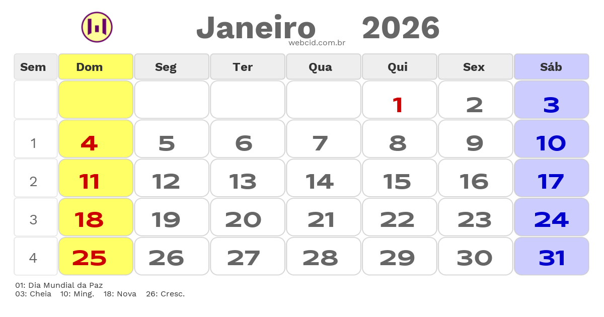 Calendário 2026 - Janeiro - Feriados Bancários com feriados e fases da lua