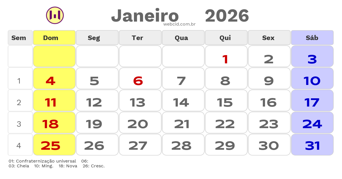 Calendário 2026 - Janeiro - Itapuranga-GO com feriados e fases da lua