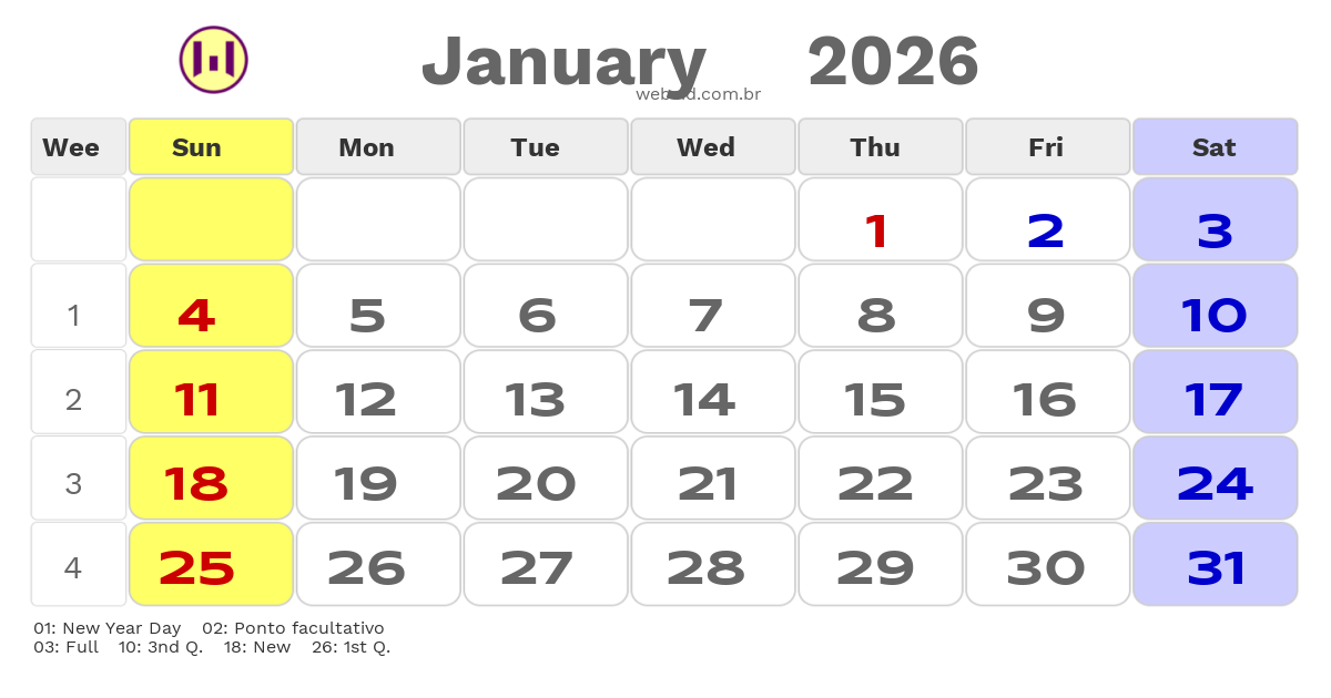 Calendar 2026 - January - Guyana com feriados e fases da lua