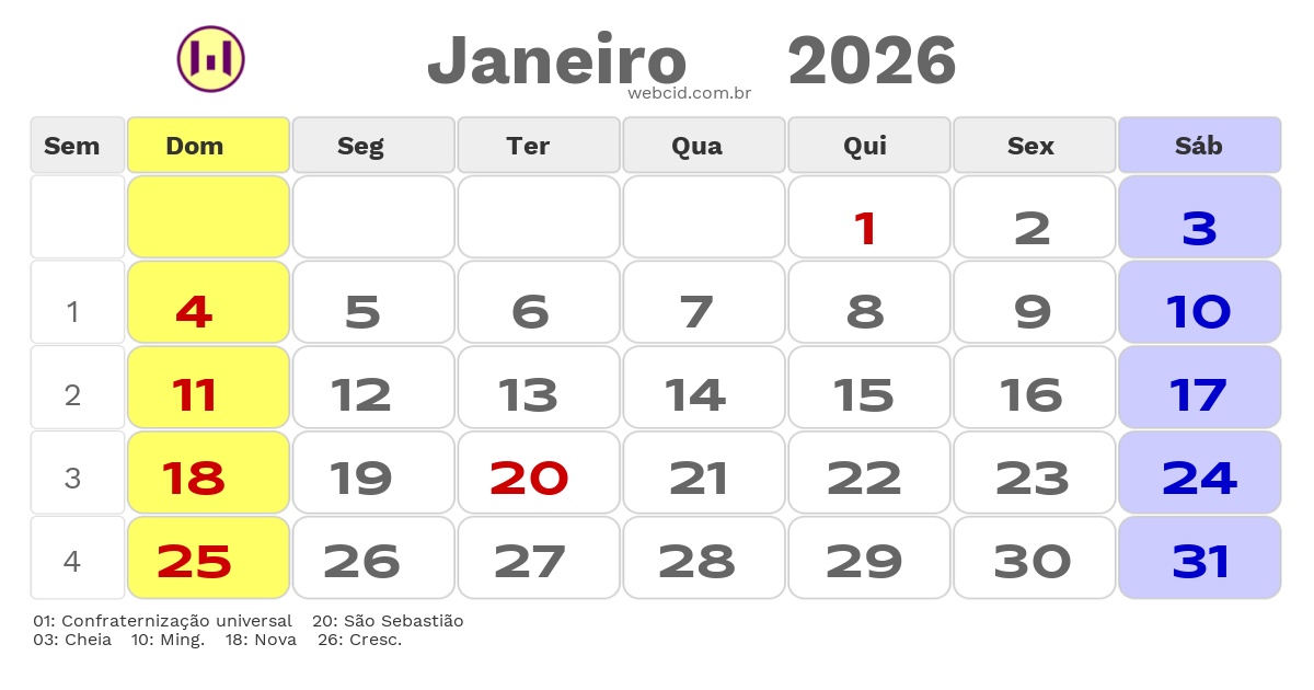 Calendário 2026 - Janeiro - Alto Garças-MT com feriados e fases da lua