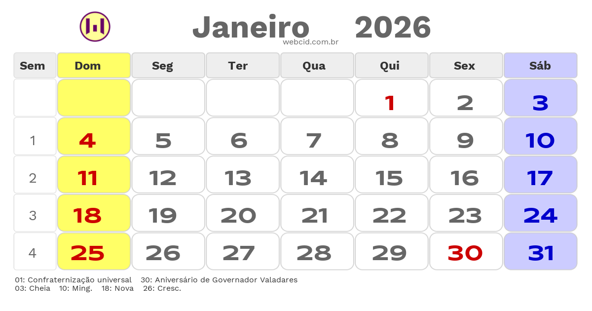 Calendário 2026 - Janeiro - Governador Valadares-MG com feriados e fases da lua