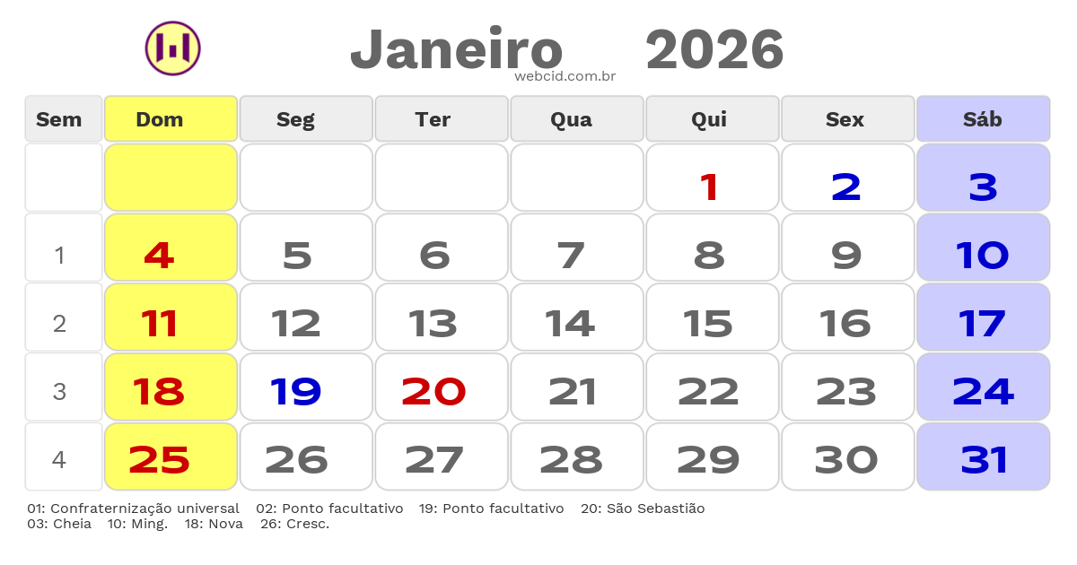 Calendário 2026 - Janeiro - Raul Soares-MG com feriados e fases da lua