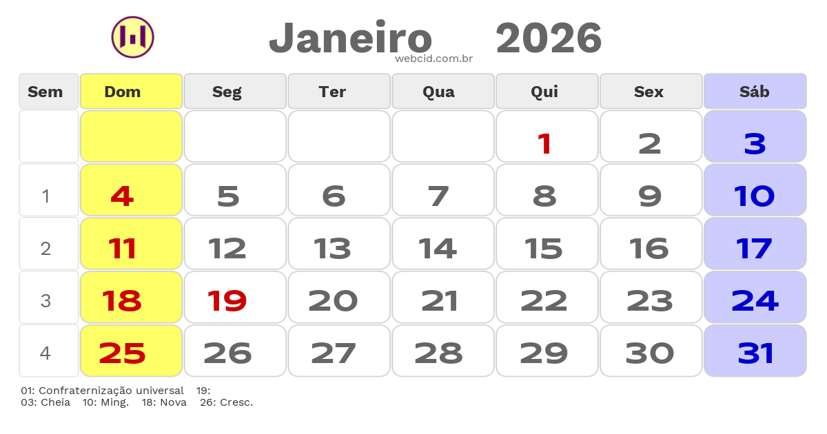 Calendário 2026 - Janeiro - Tiradentes-MG com feriados e fases da lua
