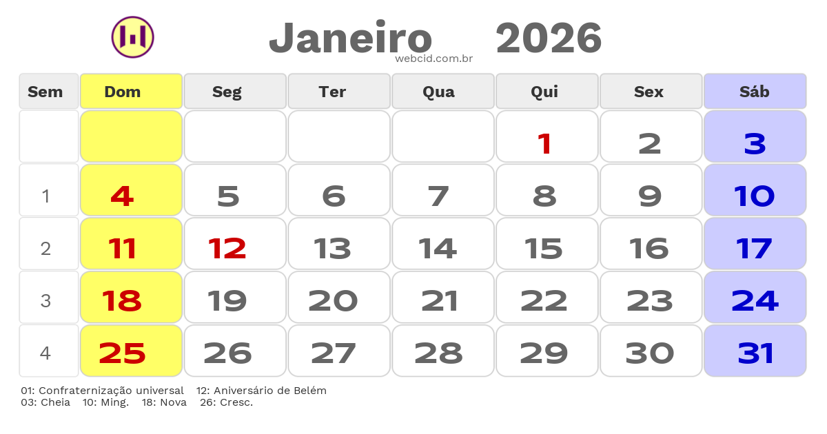 Calendário 2026 - Janeiro - Belém-PA com feriados e fases da lua