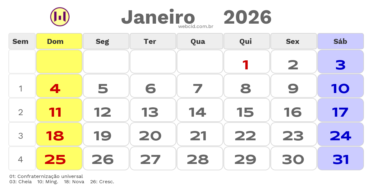Calendário 2026 - Janeiro - Jacarau-PB com feriados e fases da lua