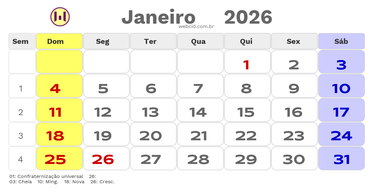 Calendário 2026 - Janeiro - Fazenda Rio Grande-PR com feriados e fases da lua