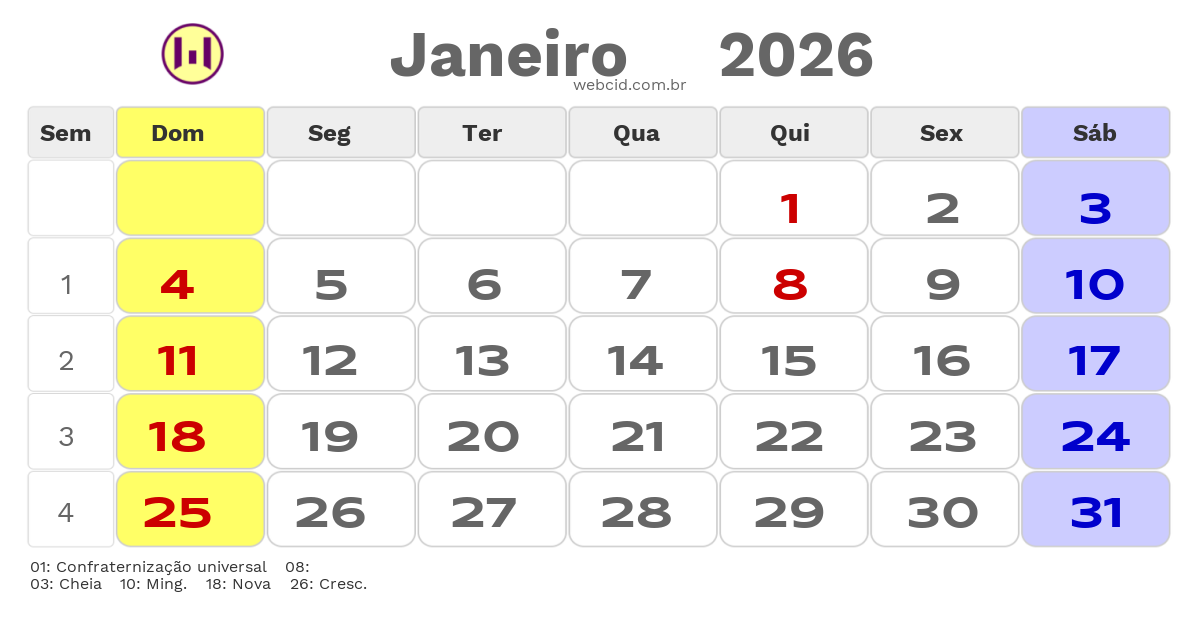 Calendário 2026 - Janeiro - Manoel Ribas-PR com feriados e fases da lua