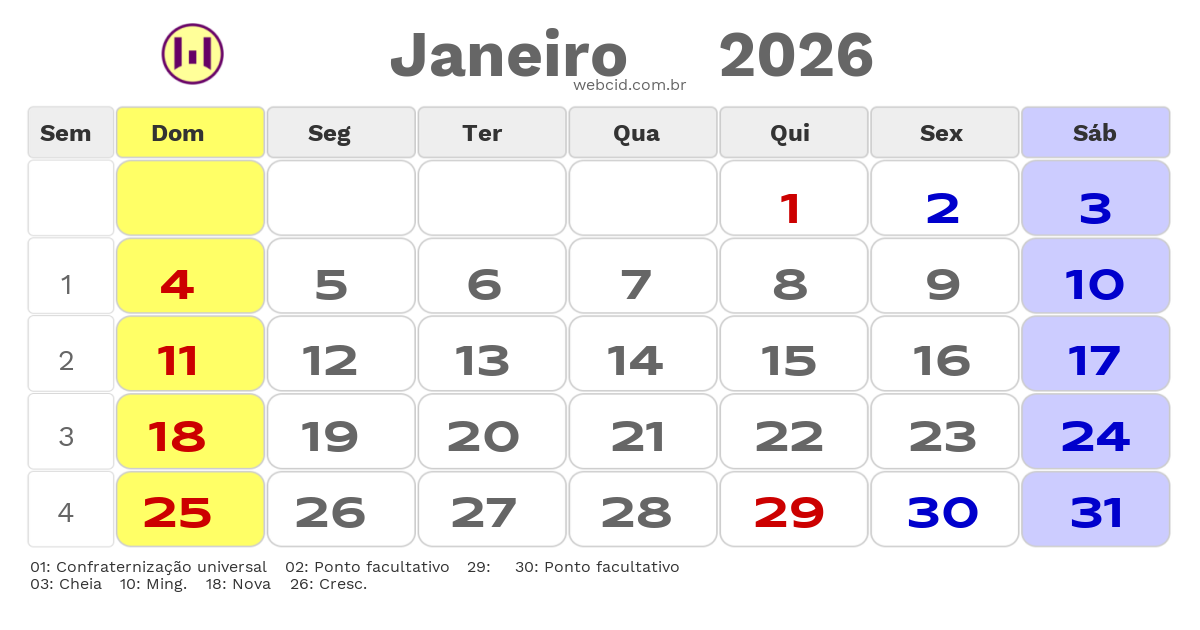Calendário 2026 - Janeiro - Piraquara-PR com feriados e fases da lua