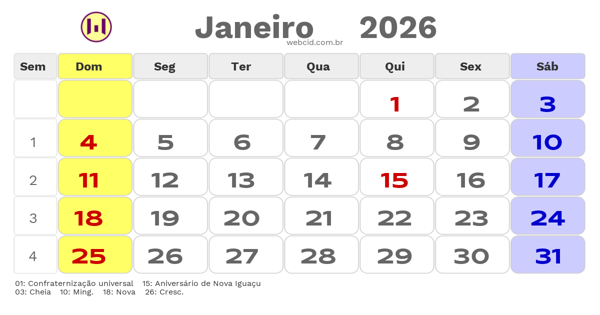 Calendário 2026 - Janeiro - Nova Iguaçu-RJ com feriados e fases da lua
