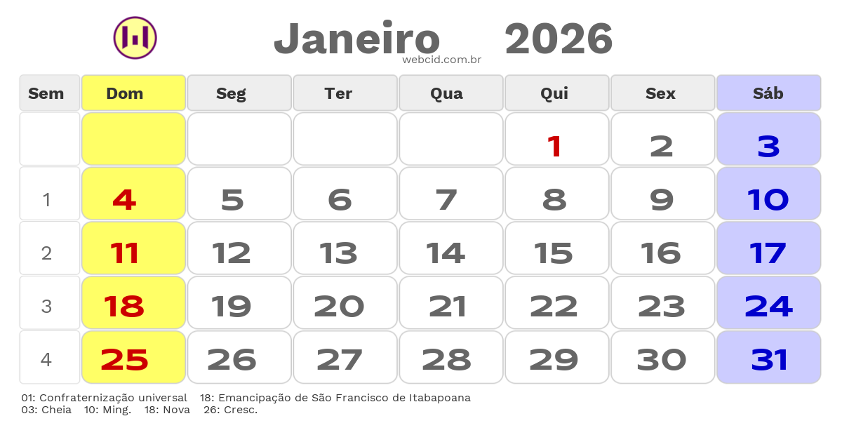 Calendário 2026 - Janeiro - São Francisco de Itabapoana-RJ com feriados e fases da lua
