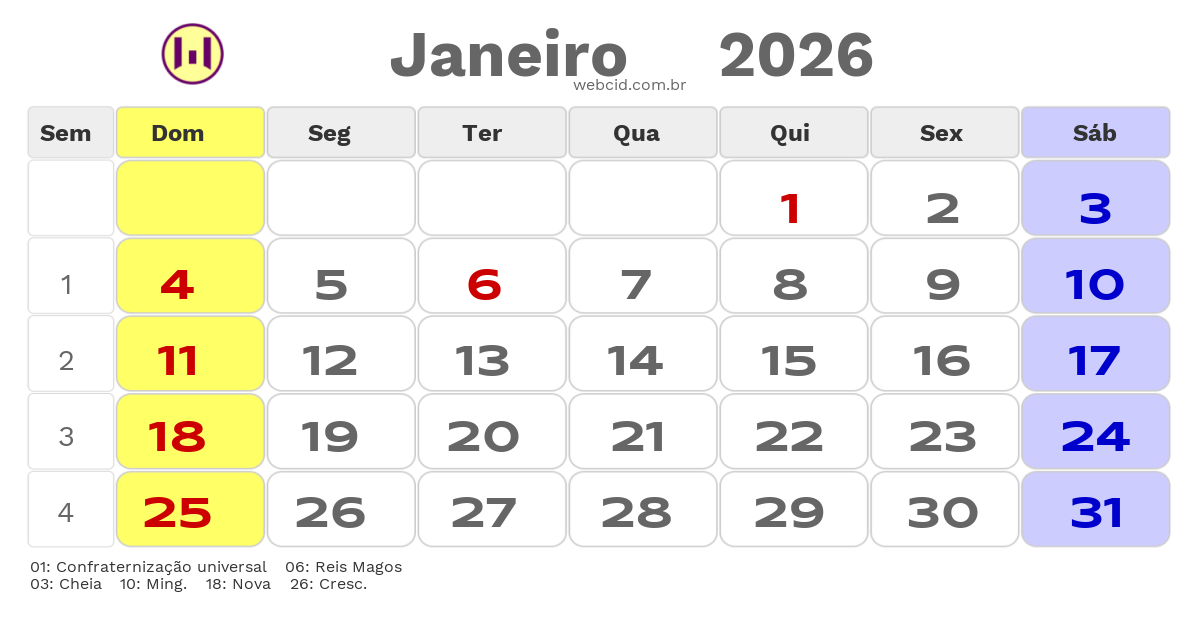 Calendário 2026 - Janeiro - Natal-RN com feriados e fases da lua