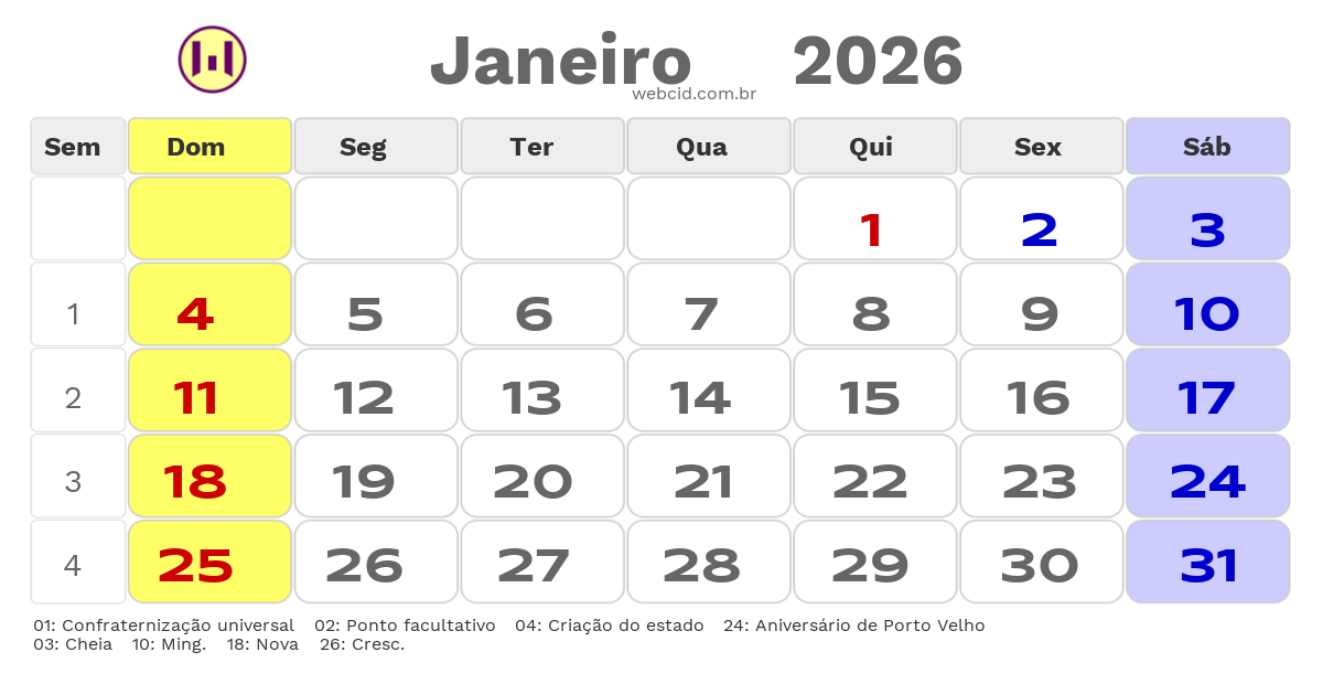 Calendário 2026 - Janeiro - Porto Velho-RO com feriados e fases da lua