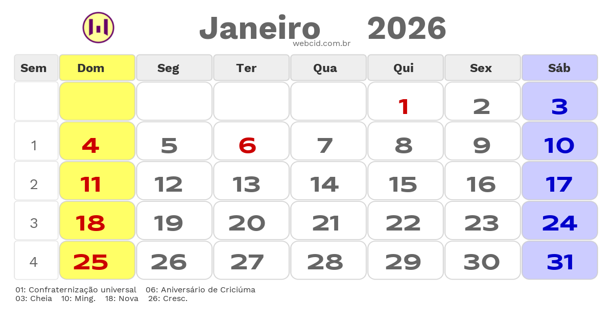 Calendário 2026 - Janeiro - Criciúma-SC com feriados e fases da lua