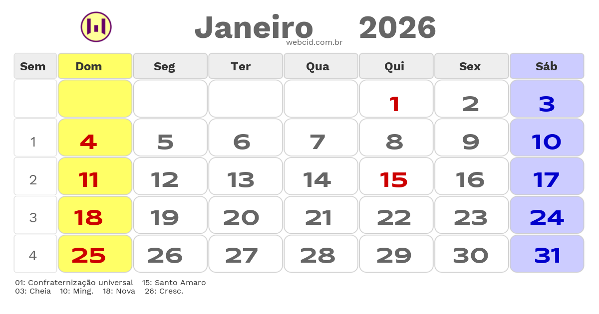 Calendário 2026 - Janeiro - Guarujá-SP com feriados e fases da lua