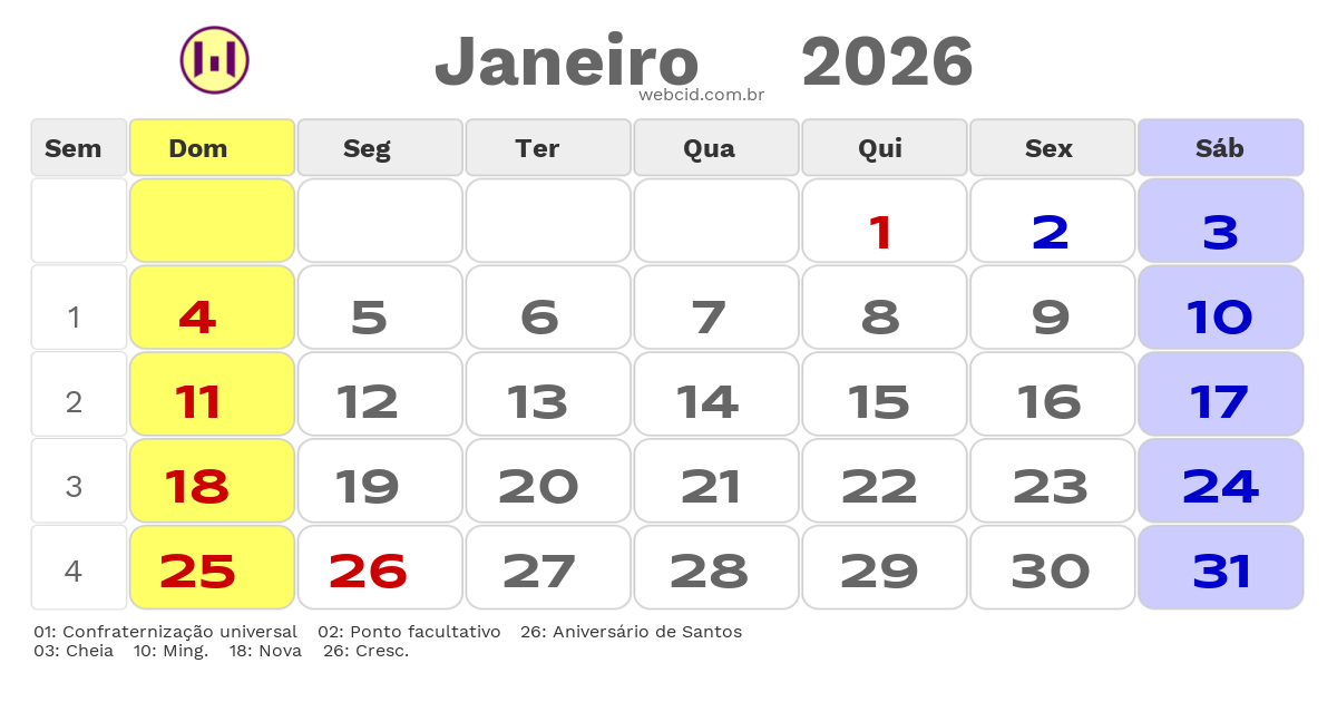 Calendário 2026 - Janeiro - Santos-SP com feriados e fases da lua