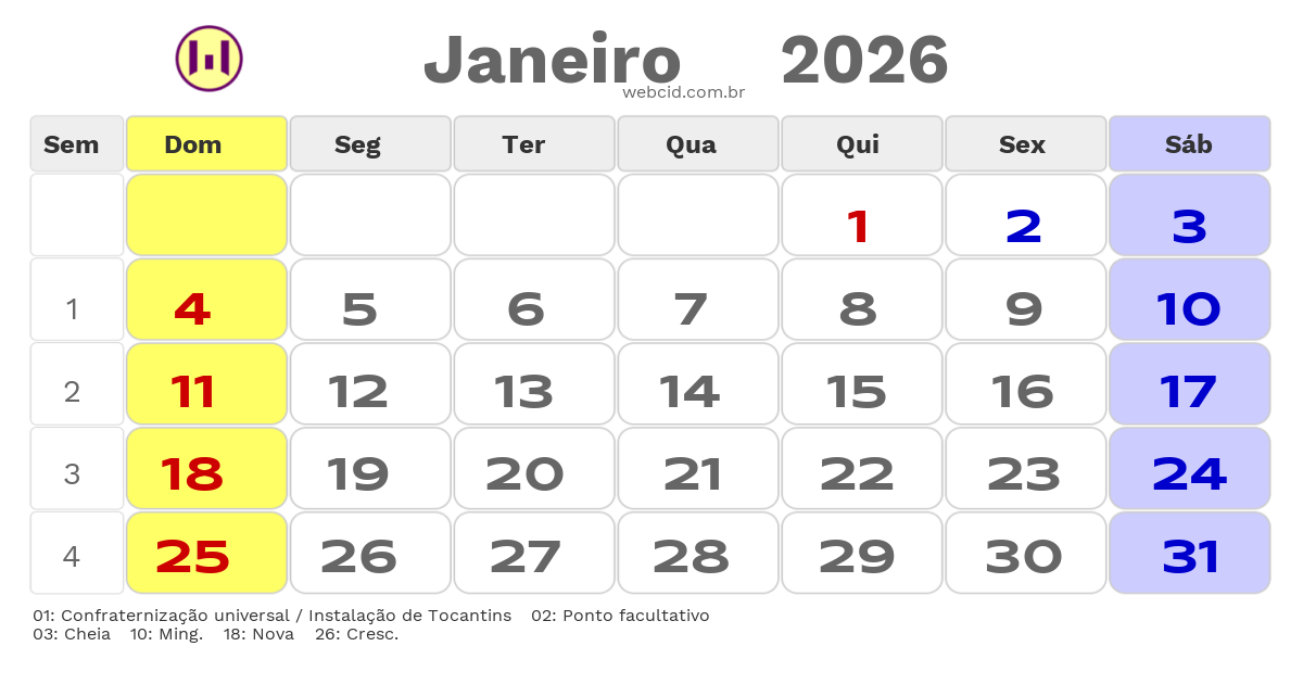Calendário 2026 - Janeiro - Araguaina-TO com feriados e fases da lua