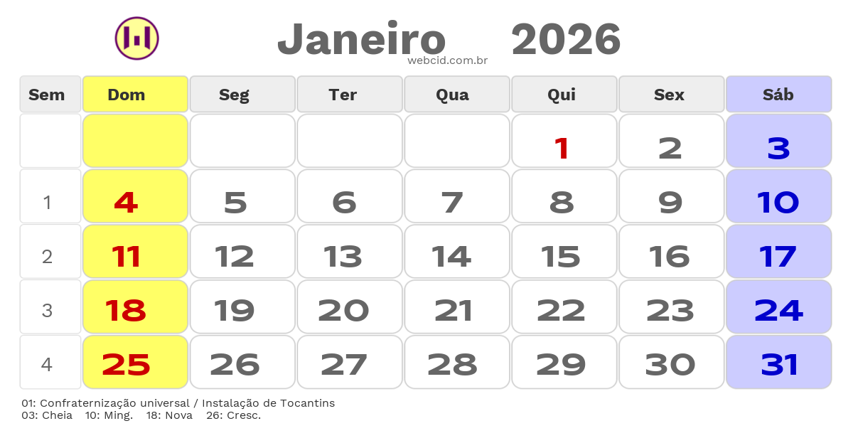 Calendário 2026 - Janeiro - Miracema do Tocantins-TO com feriados e fases da lua