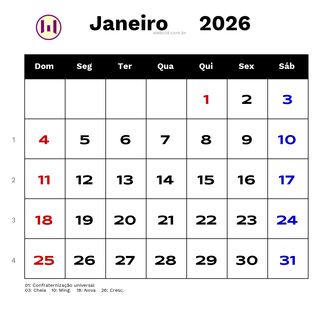 Calendário 2026 - Janeiro - Brasil com feriados e fases da lua