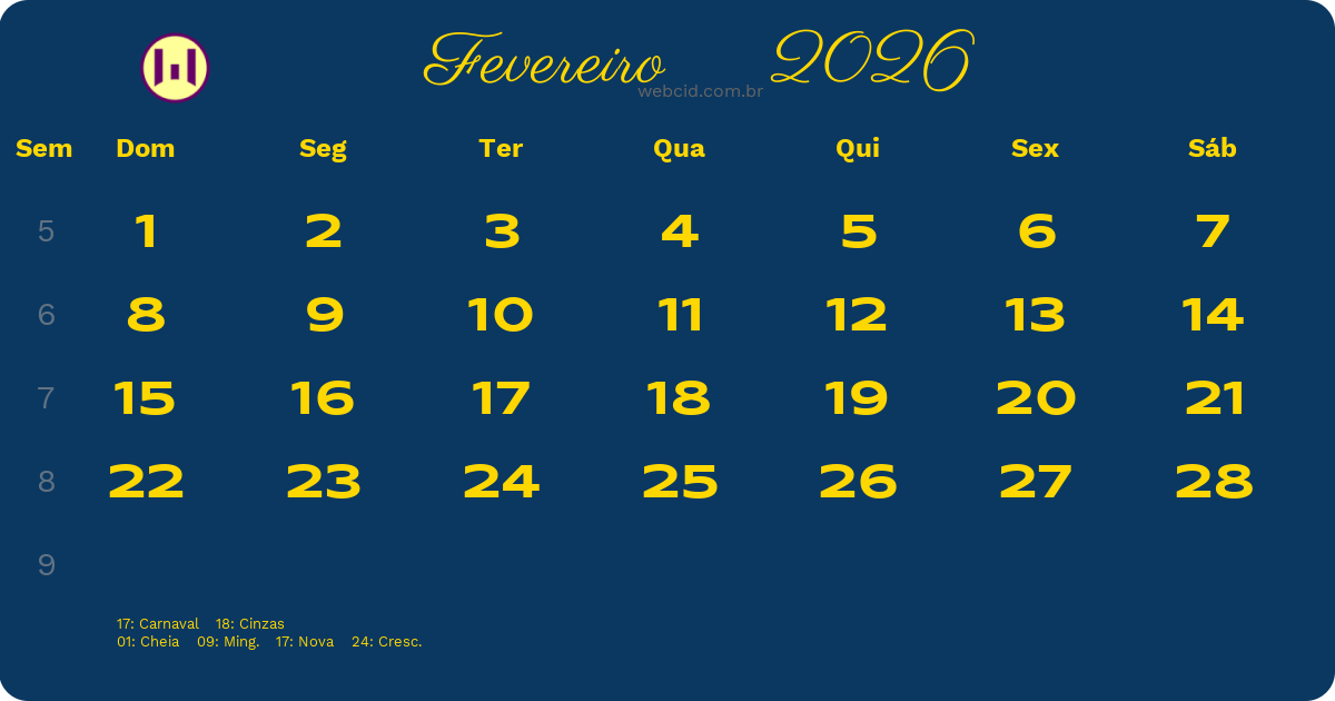 Calendário 2026 - Fevereiro - Brasil com feriados e fases da lua