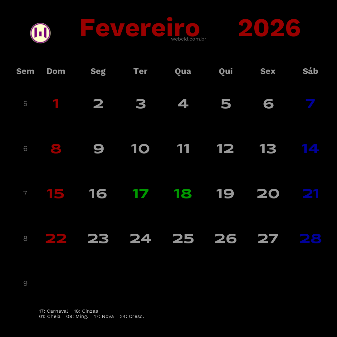 Calendário 2026 - Fevereiro - Brasil com feriados e fases da lua