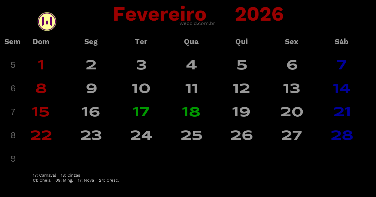Calendário 2026 - Fevereiro - Brasil com feriados e fases da lua